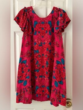 Free People Hot Pink & Teal Floral Ruffle Sleeve Dress